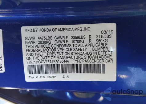 2019 Honda Accord Sport из США, поврежденный, VIN 1HGCV1F35KA160444